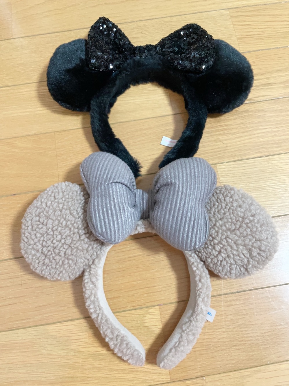 Plush Minnie-Style Ear Headbands — Black Sequin & Beige Sherpa Set